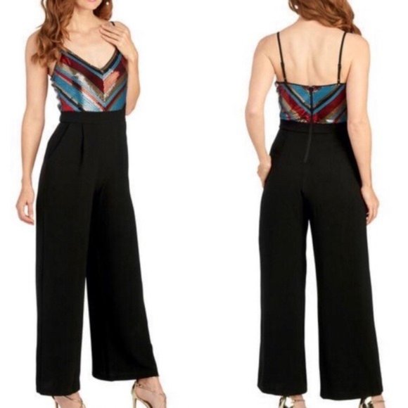June & Hudson Wide Leg Jumpsuit Sequined Black Multi Size XL - Picture 1 of 12